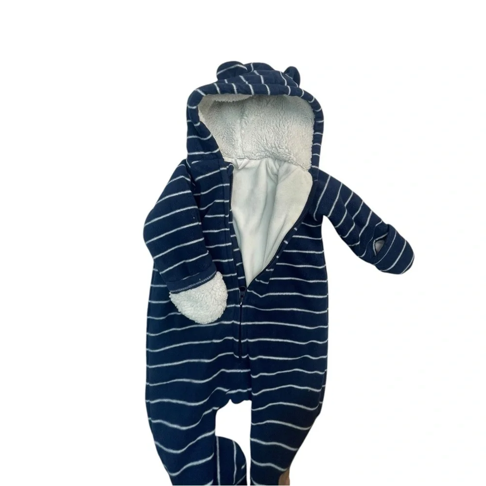 Old Navy Blue and White Striped Footie One Piece with Hood 3-6m baby